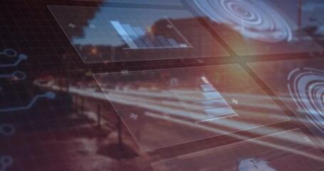 Poster - road opening at dusk showing UI panels fading and animating charts, pulsing radar visualizing data