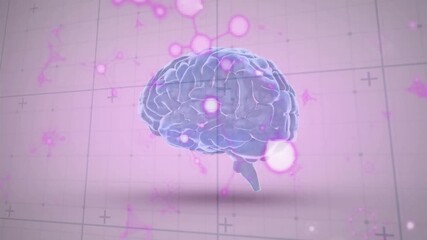 Poster - Particle arrival levitating 3D brain rotating as pink particles drifting, visualizing simulation