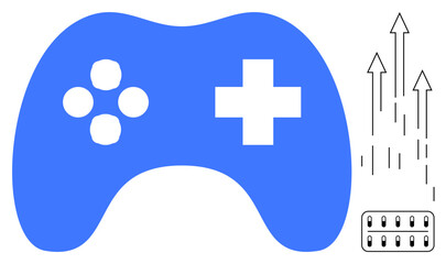Poster - Blue video game controller with directional pad and buttons alongside upward arrows and a keyboard. Ideal for gaming, esports, technology, innovation, control, progress, and entertainment. Clean