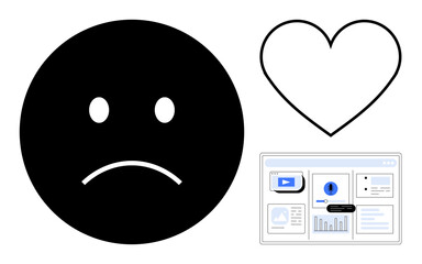 Poster - Sad face evokes dissatisfaction heart symbolizes empathy interface suggests digital communication or feedback. Ideal for emotions, online feedback, user experience, technology, self-expression