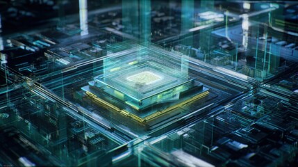 Fototapete - A digital visualization of a modern computer processor, radiating lines of energy, showcasing its intricate circuits and powerful capabilities.
