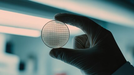 Poster - A gloved hand delicately holds a circular microchip, showcasing intricate technological detail against a blurred laboratory backdrop.
