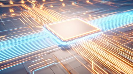 Poster - A hyperrealistic, high-tech CPU design, highlighting the intricate circuitry, interconnected pathways, and glowing lines of communication, symbolizing the core of innovation and modern technology.