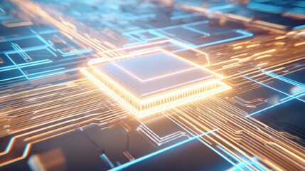 Poster - A glowing microchip pulsates with energy, set against a network of intricate circuit patterns in vibrant blue and gold tones, symbolizing innovation.