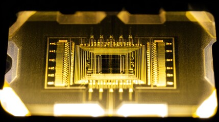 Poster - Close-up view of a gold microchip, intricate circuitry, technological marvel, detailed electronic component.