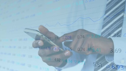 Poster - Financial analyst tapping smartphone and scrolling translucent financial charts for market analysis