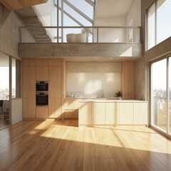 Aufkleber - Modern kitchen with empty mock up space. Concrete floor, white walls create minimalist aesthetic. Large window offers city view with daylight. Central island countertop with white backsplash, sink.