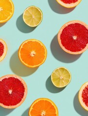 Poster - Vibrant Citrus Fruits Arranged in a Geometric Pattern Against a Soft Pastel Background Highlighting Freshness and Color