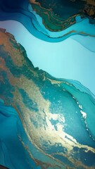 Poster - Abstract teal blue fluid art with golden textures, flowing liquid acrylic painting, modern backdrop with glitter.