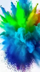 Poster - Explosion of colorful powder paint forming abstract smoke cloud on bright white backdrop for festive and vibrant visual concepts