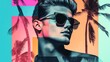 © Face Off Design - Retro Magazine style illustration of a young male model wearing sunglasses, colorful overlap cut out effect
