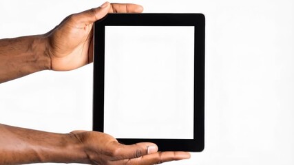 Poster - Hands holding a blank screen tablet computer, showcasing interface or app design on isolated white background, focus on the presentation of technology.