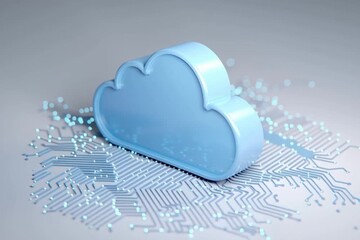 Poster - 3D render of a blue cloud icon on a white background with circuit board elements symbolizes the idea that cloud computing makes it easy for remote workers to connect Generative AI