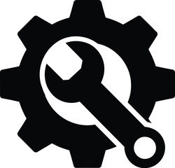 Leinwandbilder - A black gear with a wrench symbolizes settings, maintenance, and technical support concepts.