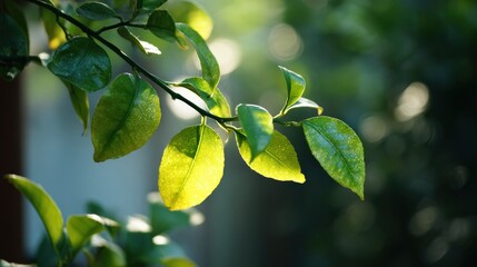 Poster - Lemon Tree Branch Close-Up Featuring Backlight Bokeh Effects in a Vibrant Garden Setting During Golden Hour