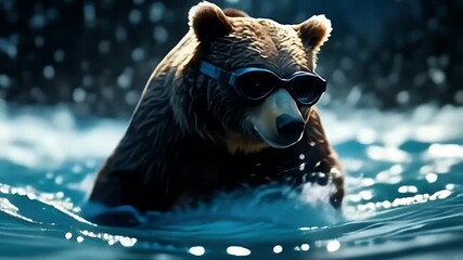 grizzly bear wear sunglasses playing in the shallow river