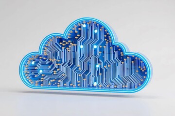 Poster - 3D render of a blue cloud icon on a white background with circuit board elements symbolizes the concept of online storage, electronic documents, or clouds as a visualization Generative AI