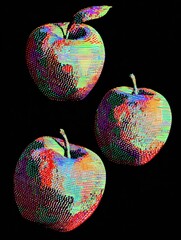 Poster - Dotted Apples With Glitch Outlines in Vibrant Colors on a Black Background Create a Modern, Artistic Display of Fruit