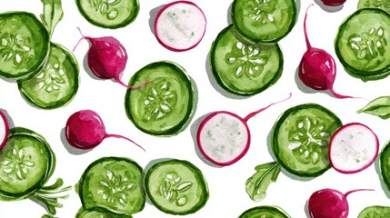 Poster - Colorful Watercolor Pattern Featuring Sliced Cucumbers and Radishes With a Blank Space for Text, Perfect for Culinary Designs and Food-Related Projects