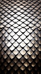 Poster - Full frame showing pattern of textured antique metallic dragon scales, protective covering, fantasy themed, close-up, metal armor background