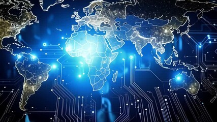 Poster - Illustrated World Map with Glowing Cities and Blue Outlines on a Dark, Circuit Board Background Depicting Global Interconnectivity