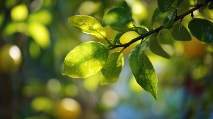 Aufkleber - Close-up of Lemon Tree Branch With Vibrant Leaves and Soft Bokeh Effect in Backlight During a Sunny Day