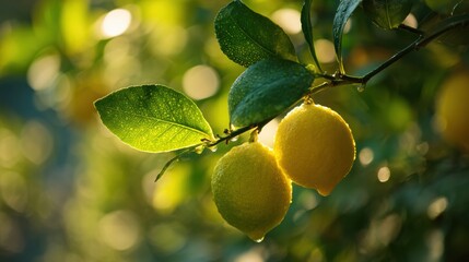 Poster - Lemon Tree Branch Glowing in Backlight With Bokeh Effect Revealing Ripe Fruits and Fresh Leaves in a Serene Garden Setting