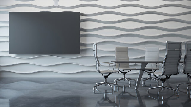 Modern conference room with a sleek design and an interactive display for business meetings and presentations in a corporate setting.