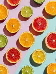 Poster - Citrus Fruits Arranged in a Vibrant Geometric Pattern With Soft Pastel Background for a Refreshing Display