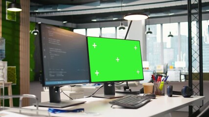 Poster - Green screen computer display in modern startup office displaying code snippets in various programming languages used for software development. Chroma key PC in empty software agency workplace