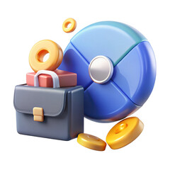 Poster - 3d business briefcase stacked with pie chart elements and doughnuts isolated on transparent background