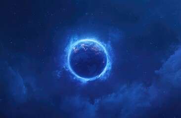 planet earth, vibrant blue aura, cosmic backdrop