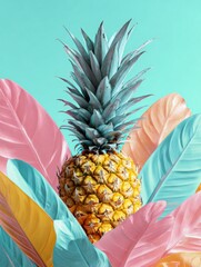 Poster - Vibrant Pineapple Surrounded by Tropical Leaves in Bright Summer Colors