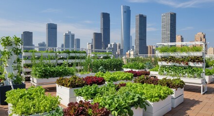 Urban Rooftop Garden with Fresh Greens and Skyscrapers in Background, Sustainable Agriculture in the City