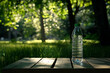 © MDBodrul - Clear plastic water bottle with a green cap resting on a rustic wooden table, bathed in natural light outdoors