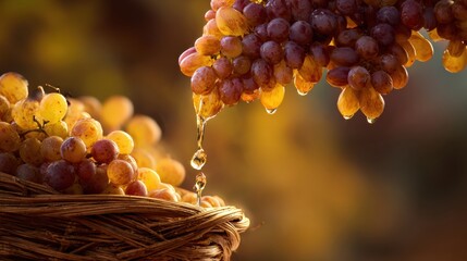 Poster - Lush Grapes Pour From Wicker Basket Illuminated by Warm Golden Light Creating a Serene and Inviting Atmosphere