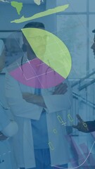 Poster - Animation of financial graphs over diverse female and male doctors talking