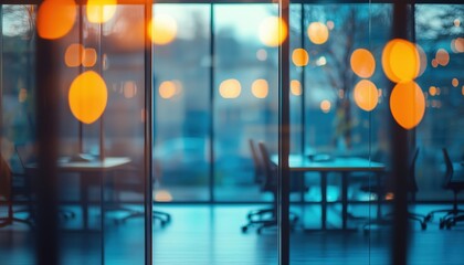 Poster - Stunning View Of A Light Modern Office Interior With Panoramic Windows And Gorgeous Lighting. Elegant And Bright Design.