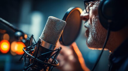 Aufkleber - Radio Host Engages Listeners Through Microphone in a Vibrant Broadcasting Studio With Glowing Lights