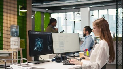  - Junior dev testing generative AI machine learning algorithms and listening music at work. Young woman wearing headphones scaling productivity with AI large language model written code, camera A