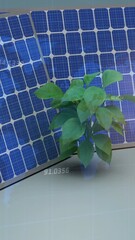 Poster - Animation of numbers and world map over solar panel and plant sampling on blue background