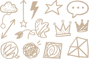 Poster - Collection of hand drawn doodle icons including cloud star lightning bolt speech bubble and crowns isolated on transparent background