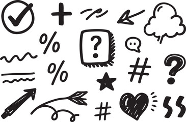 Poster - Collection of hand drawn black doodles and symbols including a checkmark question marks arrows and heart isolated on transparent background