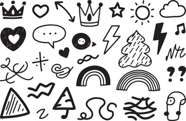 Poster - Collection of hand drawn doodle icons featuring crowns hearts stars sun cloud lightning and abstract shapes isolated on transparent background