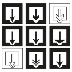 Poster - Down arrows icon. Black direction symbols. Square button elements. Vector download signs.