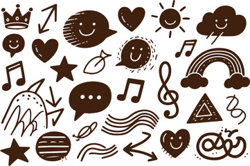 Poster - Collection of cute doodle icons including a crown hearts smiley faces sun cloud rainbow music notes speech bubbles stars arrows and abstract shapes isolated on transparent background