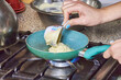 © JF:Carpio - Homemade pancakes prepared in a home kitchen with completely homemade preparation. Dessert cooking concept