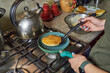 © JF:Carpio - Homemade pancakes prepared in a home kitchen with completely homemade preparation. Dessert cooking concept