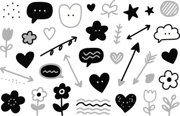 Poster - Collection of simple hand drawn doodle icons including hearts flowers arrows speech bubbles and stars isolated on transparent background