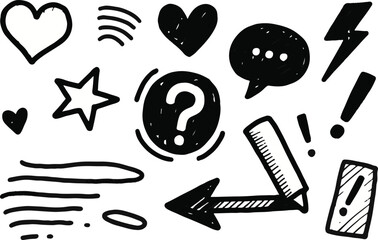 Poster - Collection of hand drawn doodle icons including hearts stars lightning bolt question mark speech bubble and arrows isolated on transparent background